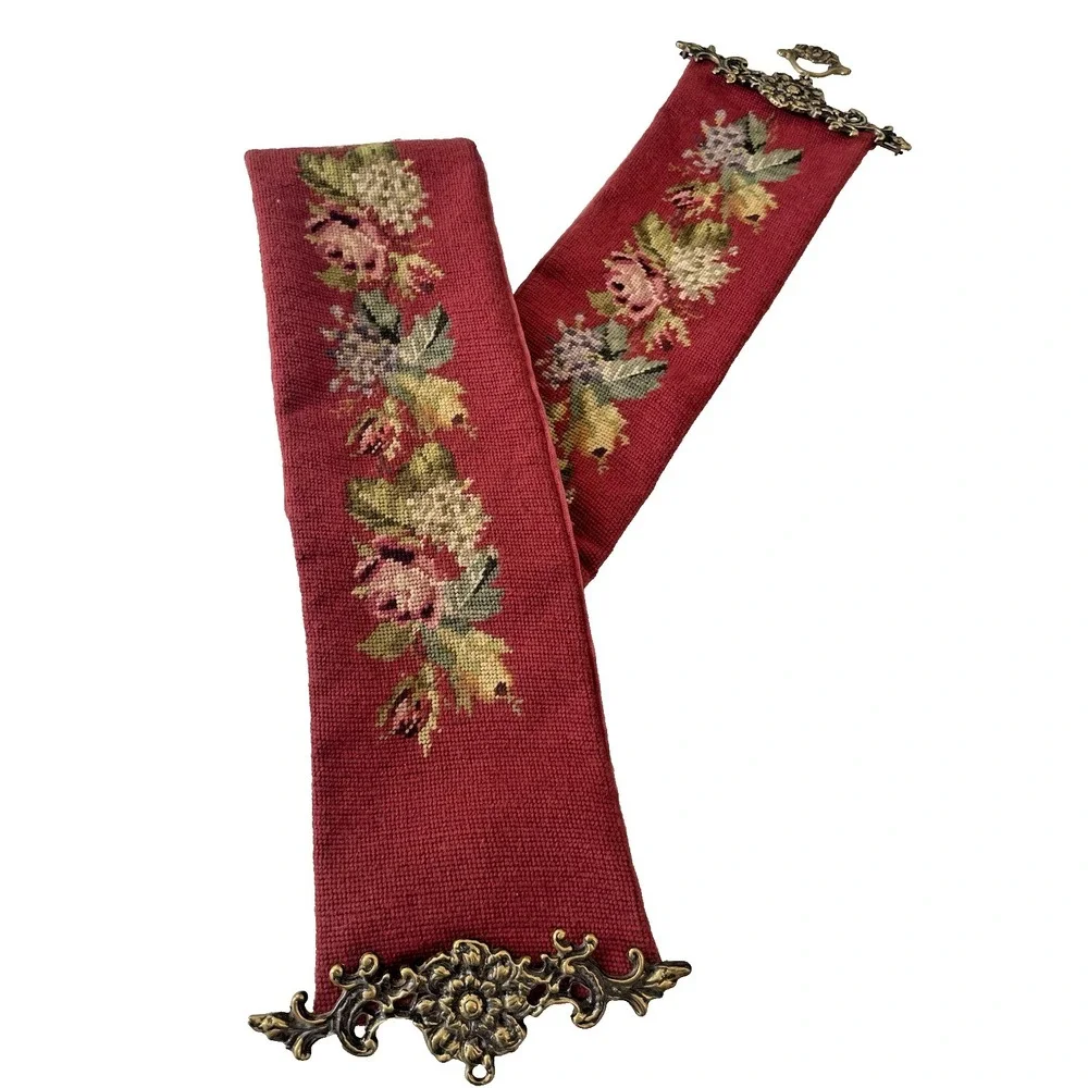 Vtg Burgundy Needlepoint Tapestry Ornate Brass Bell Pull Wall Hanging 63